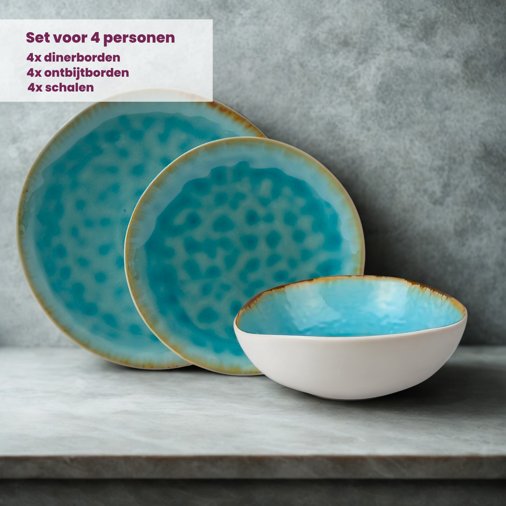 Cosy & Trendy Serviesset Laguna Azzurro 12-delig / 4 personer - 4 dinerborde, 4 morgenborde og 4 skåle