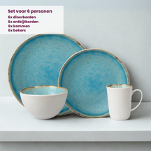 Cosy & Trendy Serviesset Laguna Azzurro 24-delig / 6 personer - 6 dinerborde, 6 kopper, 6 morgenmadstallerkener og 6 skåle