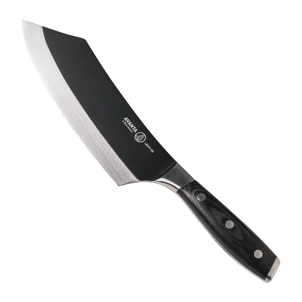 Messermeister BBQ Mes Avanta 20 cm met zwart titanium lemmet, vrijstaand op witte achtergrond