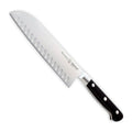 Messermeister Santokumes met Kuiltjes Meridian Elite 18 cm met zwart heft, vrijstaand op witte achtergrond