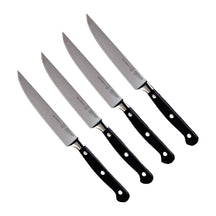 Messermeister Steakmessen Meridian Elite 12 cm 4 stuks met zwart heft, vrijstaand op witte achtergrond