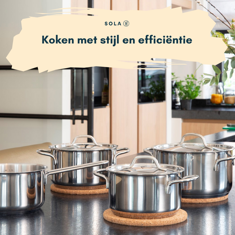 Sola Pannenset Mirage 4-Delig RVS - Kookpan ø 16, 18, 20 cm & Steelpan ø 16 cm - egnet til alle varmekilder
