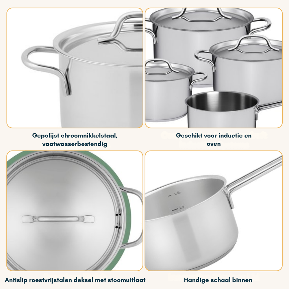 Sola Pannenset Mirage 4-Delig RVS - Kookpan ø 16, 18, 20 cm & Steelpan ø 16 cm - egnet til alle varmekilder