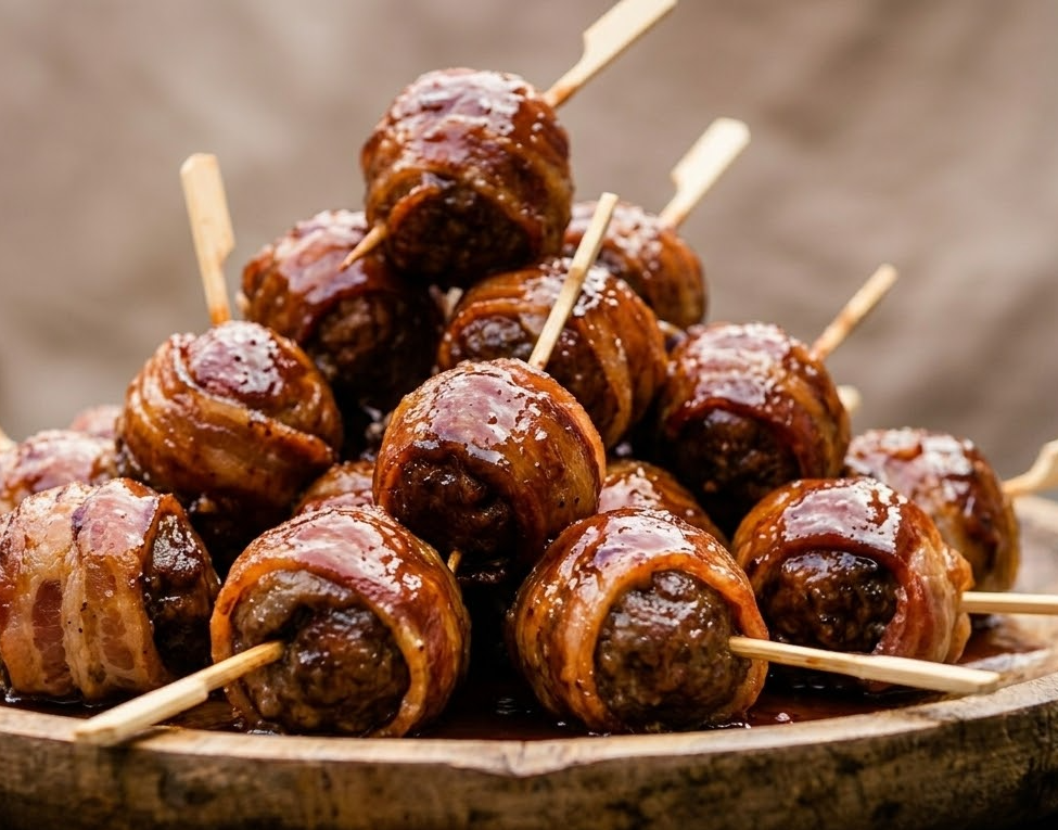 Sprød bacon, saftige kødballer og en sticky glaze. Perfekt til at snacke på