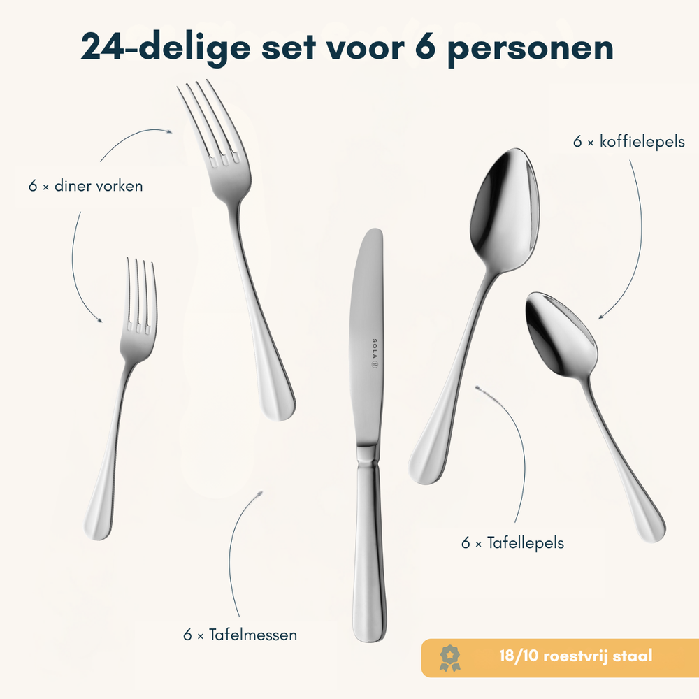 Sola Bestekset Hollands Glad - 18/10 RVS - 24 delig / 6 personer