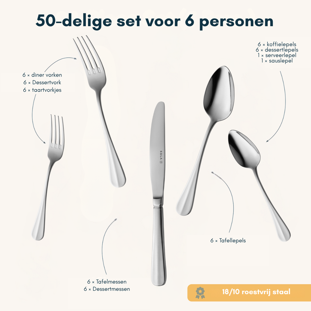 Sola Bestekset Hollands Glad - 18/10 RVS - 50 delig / 6 personer