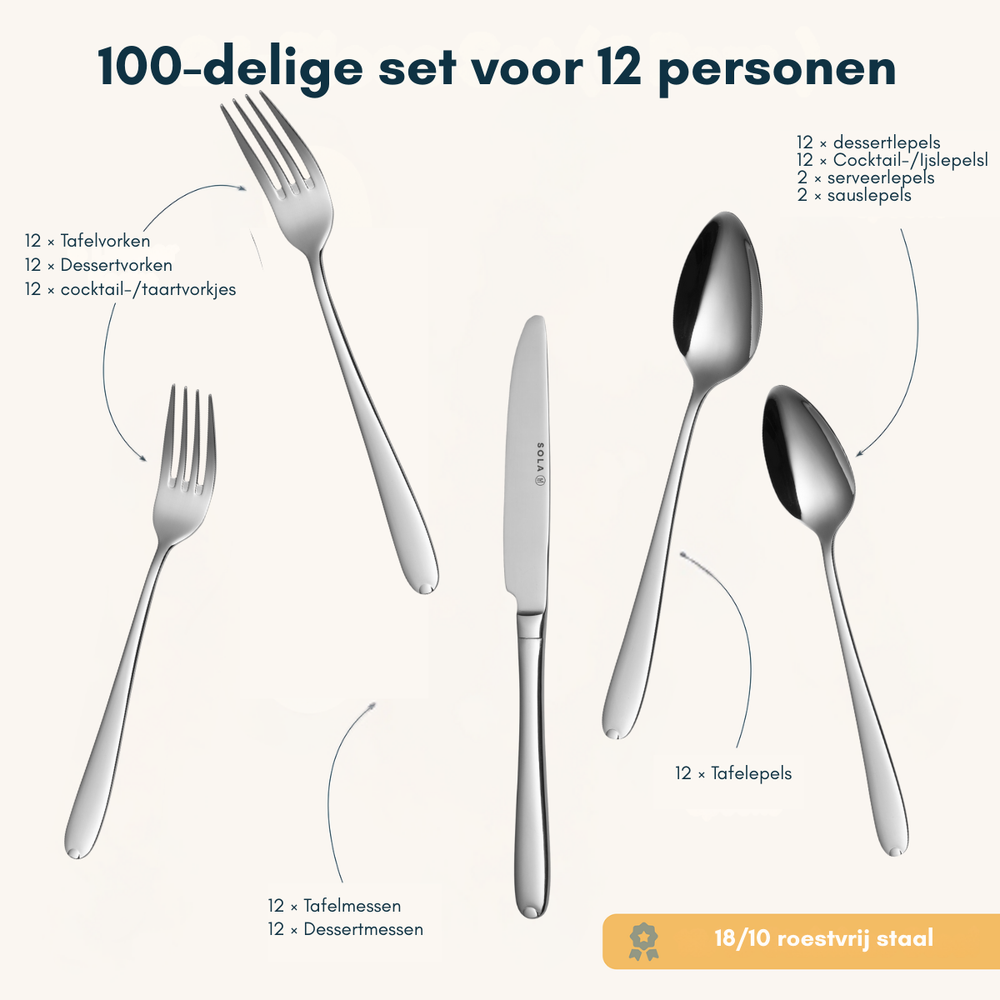 Sola Bestekset Fleurie - 18/10 RVS - 100 delig / 12 personer