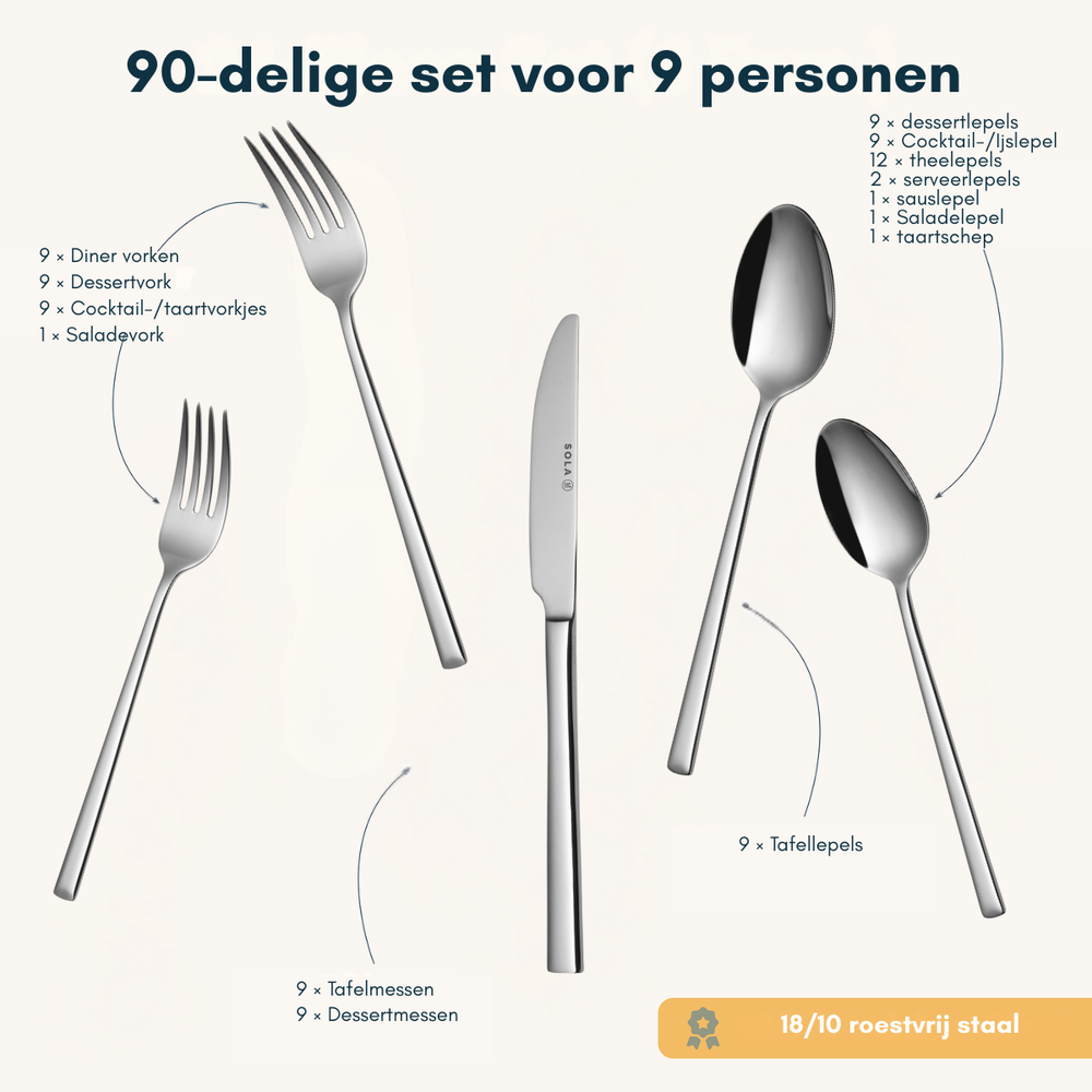 Sola Bestekset Luxor - 18/10 RVS - 90 delig / 9 personer
