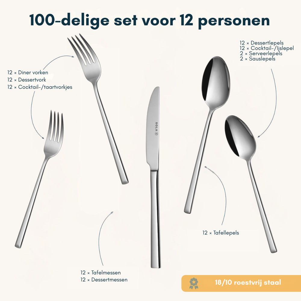 Sola Bestekset Luxor - 18/10 RVS - 100 delig / 12 personer