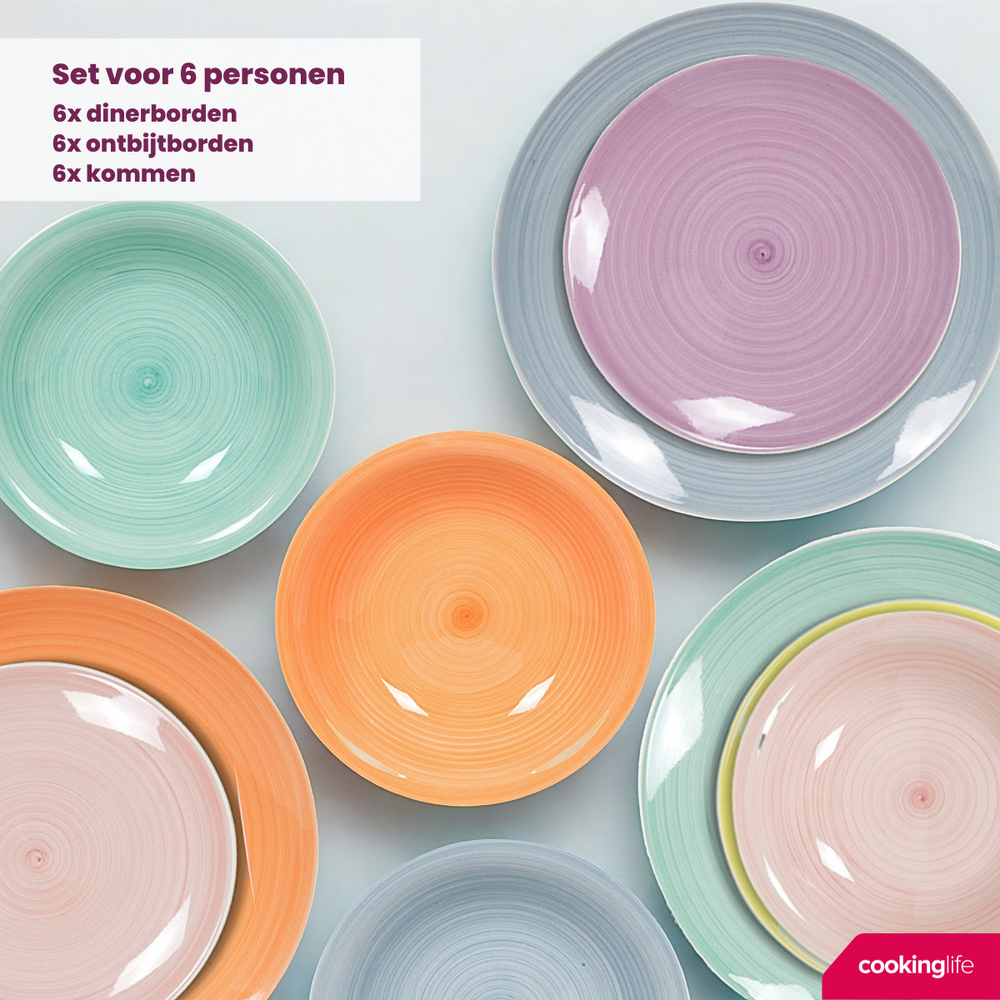 Cookinglife Serviesset Pastel Harmony 18-delig / 6 personer - 6 middagstallerkener, 6 morgenmadstallerkener og 6 dybe tallerkener