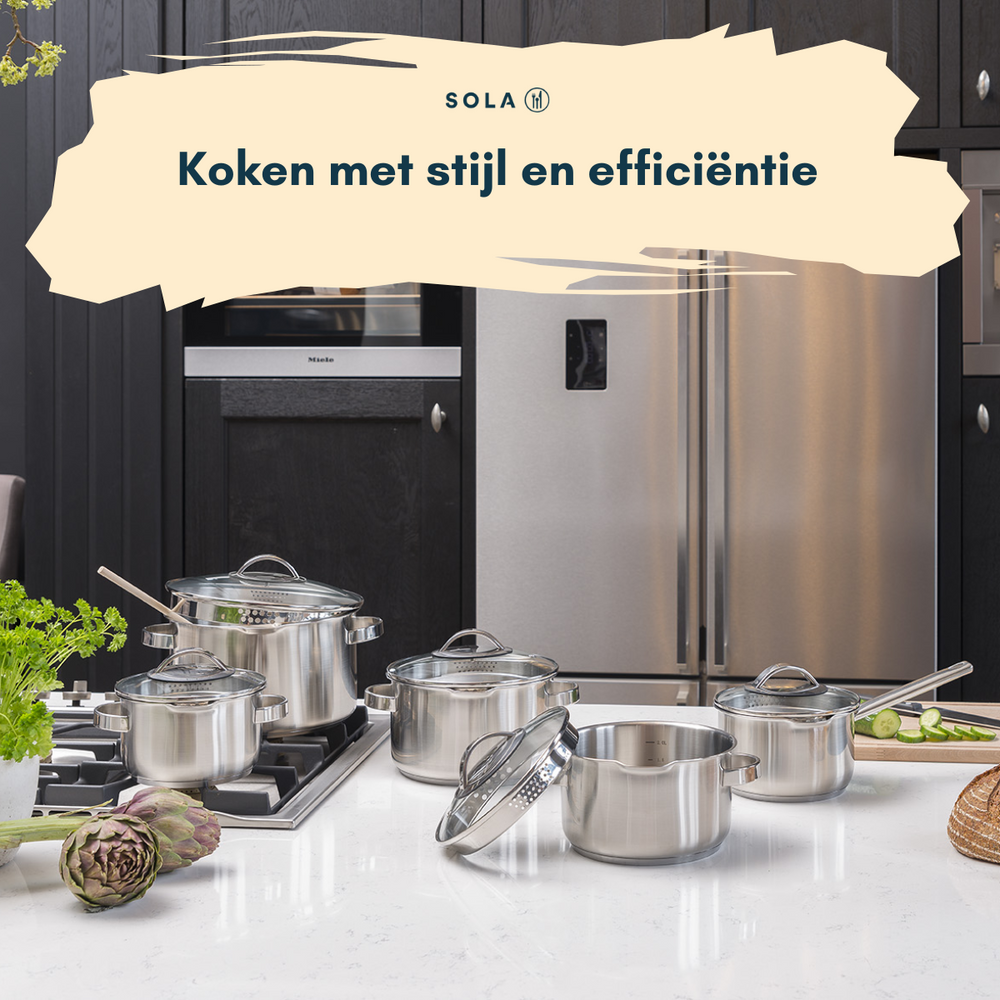 Sola Pannenset Pearl 4-Delt RVS - Downdraft egnet - Kogepande ø 16, 18, 20 cm & Stegepande ø 16 cm - egnet til alle varmekilder