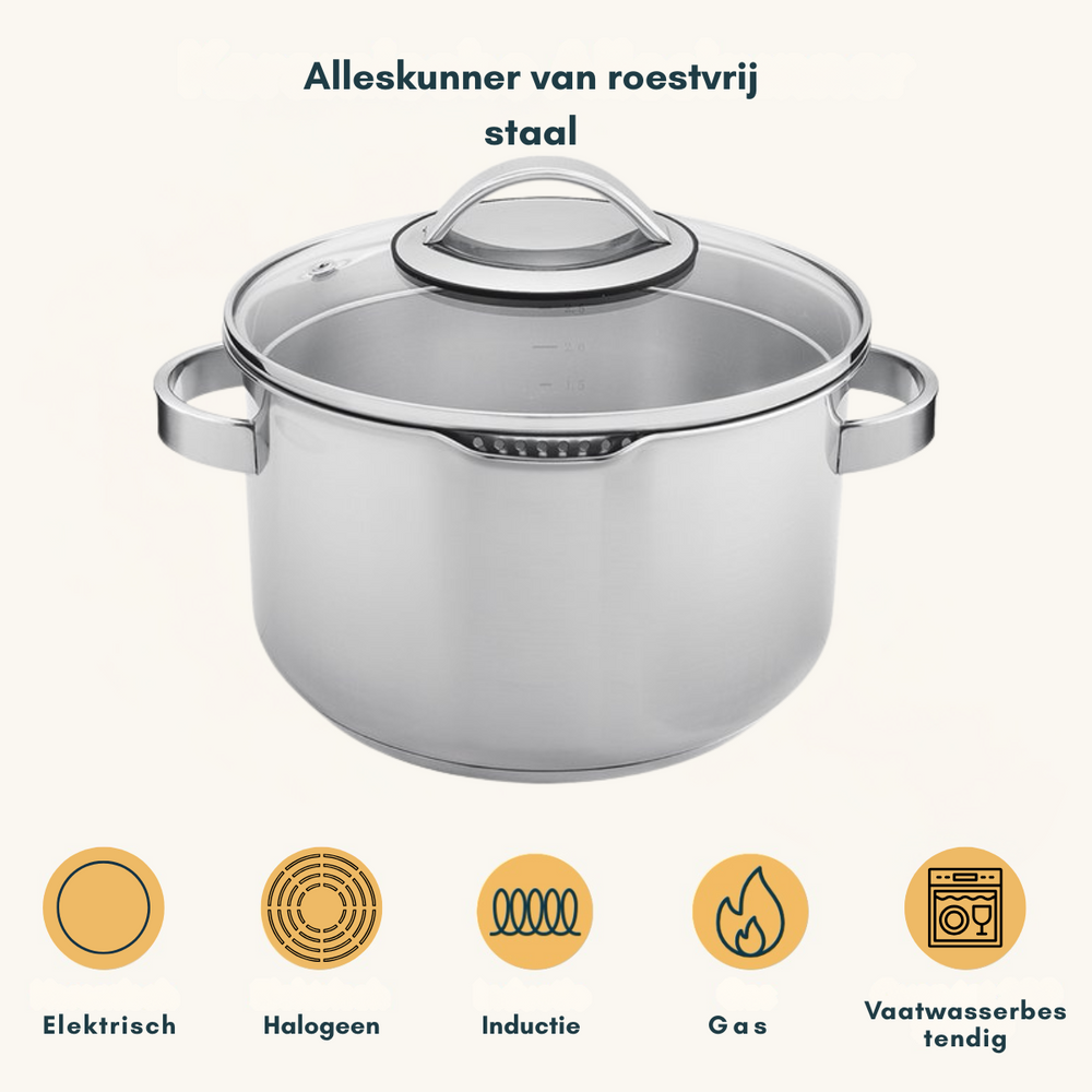 Sola Pannenset Pearl 4-Delt RVS - Downdraft egnet - Kogepande ø 16, 18, 20 cm & Stegepande ø 16 cm - egnet til alle varmekilder