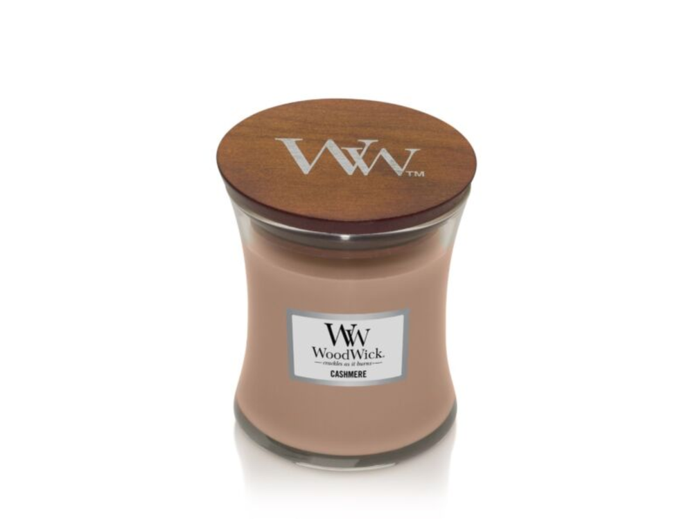 WoodWick Geurkaars Medium Cashmere - 11 cm / ø 10 cm - Geurkaars i Glas - Houten Lont