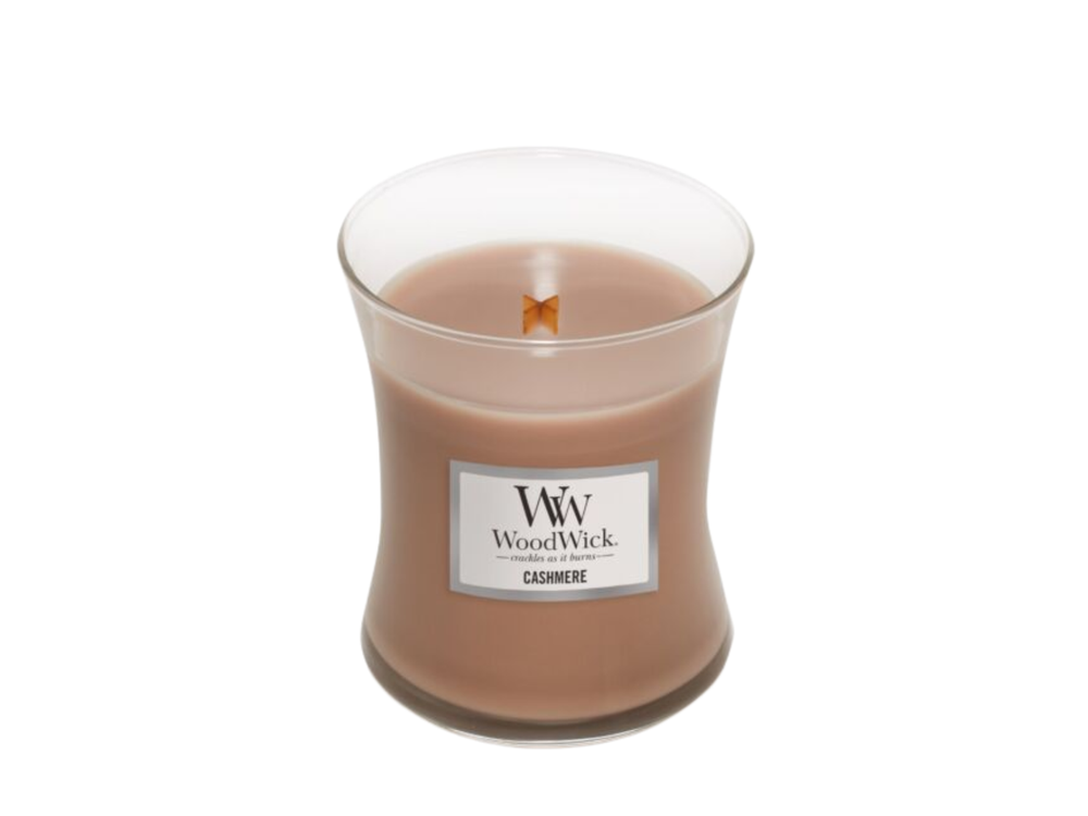 WoodWick Geurkaars Medium Cashmere - 11 cm / ø 10 cm - Geurkaars i Glas - Houten Lont