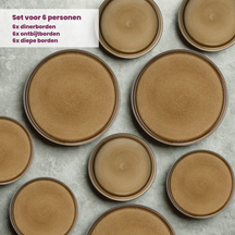 Cosy & Trendy Serviesset Quintana Amber 18-delig / 6 personer - 6 dinerborde, 6 dybe bunde og 6 morgenborde