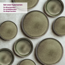 Cosy & Trendy Serviesset Quintana Green 18-delig / 6 personer - 6 dinerborde, 6 dybe bunde og 6 morgenbunde