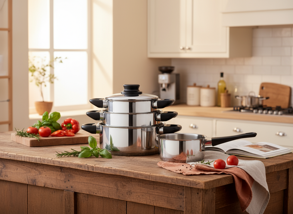 Cookinglife Pannenset RVS / Zwart 4-Delig - Kookpan ø 16, 18 , 20 cm & Steelpan ø 16 cm- Egnet til alle varmekilder