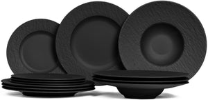 Villeroy & Boch Serviesset Manufacture Rock - Sort 12-delt / 4 personer - 4 middagstallerkener, 4 morgenmadstallerkener & 4 pastatallerkener
