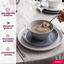 Cookinglife Serviesset Siaki - Hvid / Blå / Grå - Porcelæn 18-delt / 6 personer - 6 middagstallerkener, 6 morgenmadstallerkener og 6 skåle