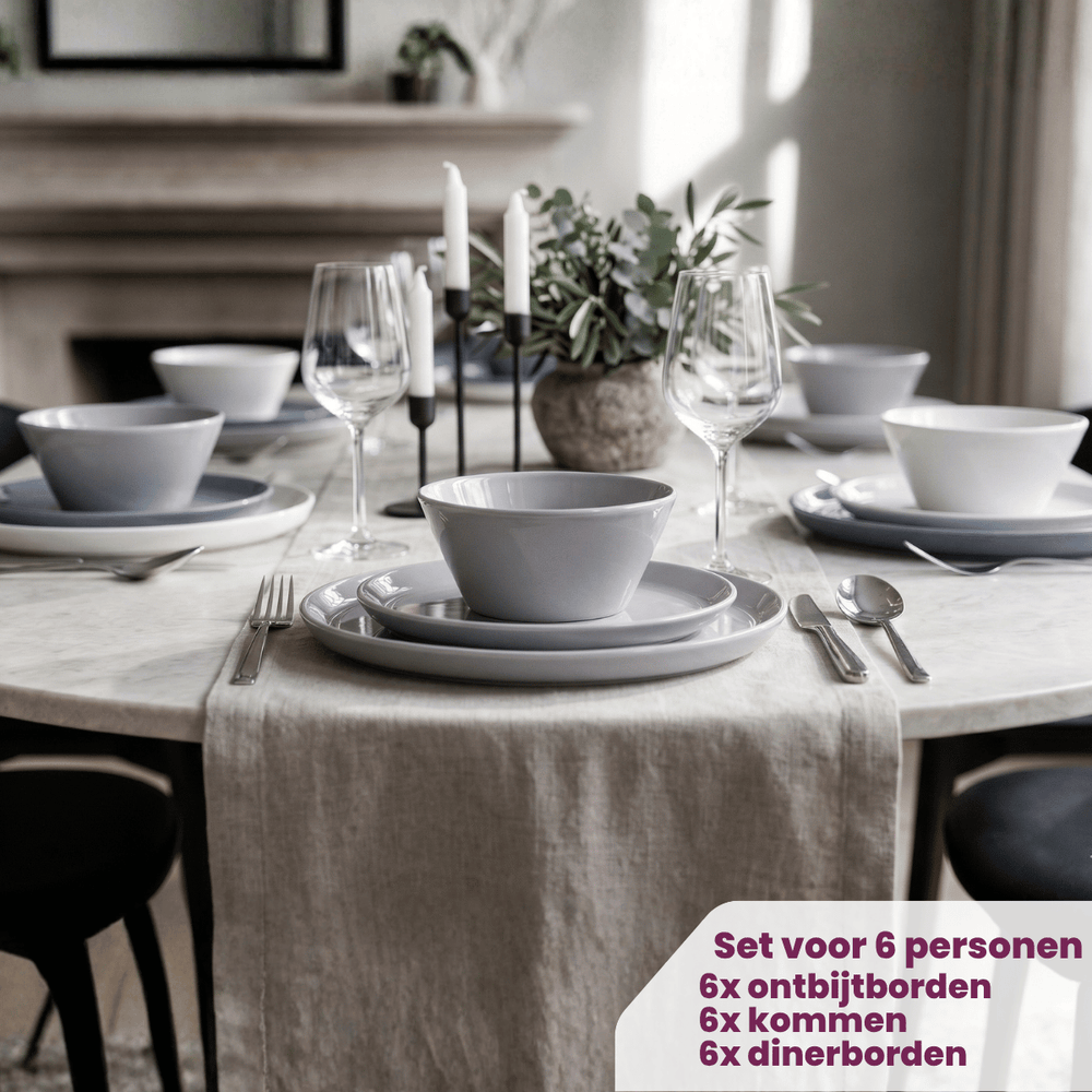 Cookinglife Serviesset Siaki - Hvid / Blå / Grå - Porcelæn 18-delt / 6 personer - 6 middagstallerkener, 6 morgenmadstallerkener og 6 skåle