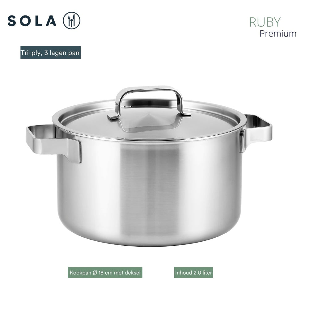 Sola Pandesæt Ruby 4-Delt Premium Triply Rustfrit Stål - Kogepande ø 16, 18, 20 cm & Kasserolle ø 16 cm - Induktionsvenlig