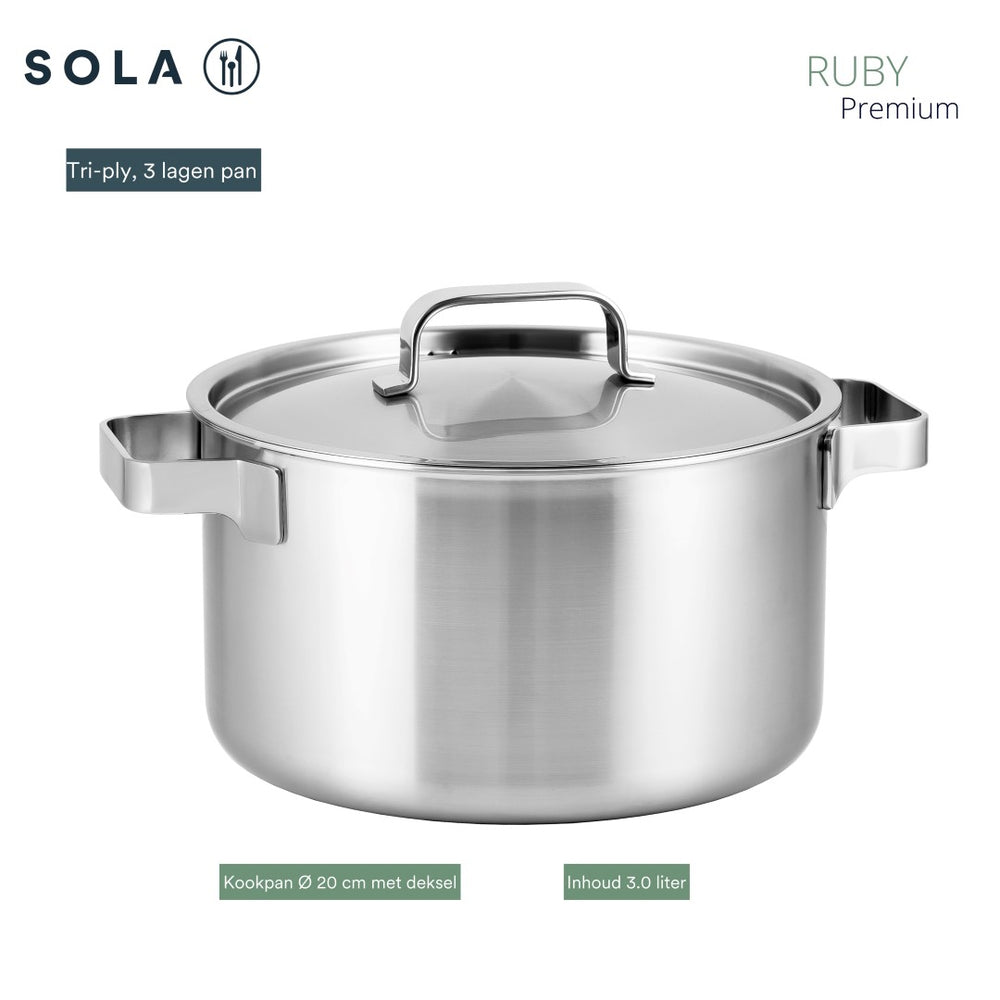 Sola Pandesæt Ruby 4-Delt Premium Triply Rustfrit Stål - Kogepande ø 16, 18, 20 cm & Kasserolle ø 16 cm - Induktionsvenlig