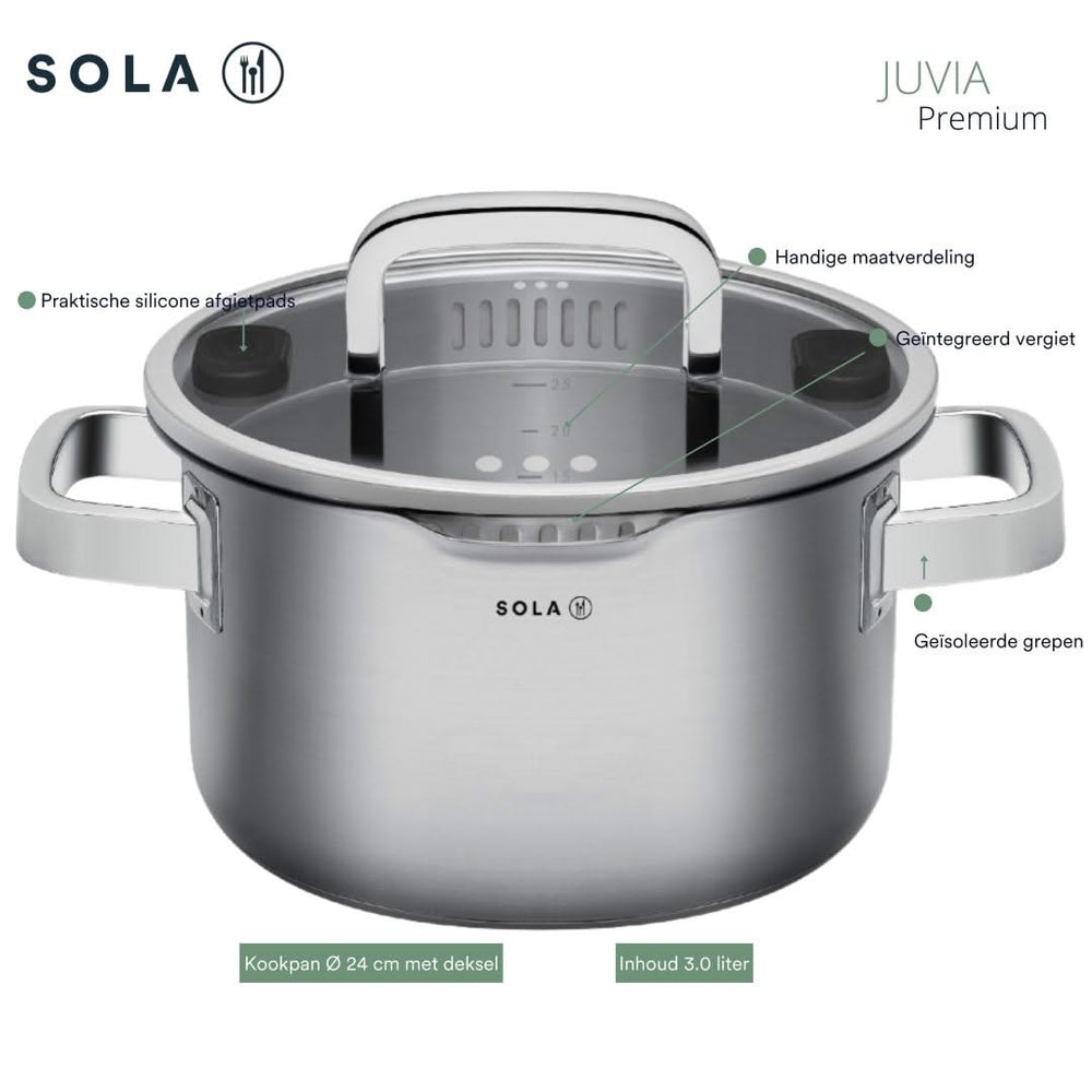 Sola Pannenset Juvia 5-Delig RVS - Downdraft egnet - Kogepande ø 16, 18, 20, 24 cm & Stegepande ø 16 cm - egnet til alle varmekilder