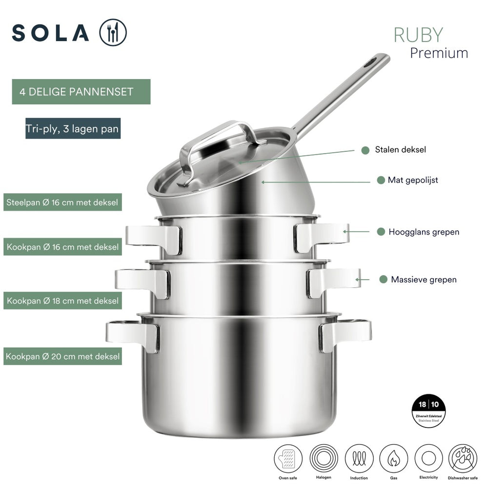 Sola Pandesæt Ruby 4-Delt Premium Triply Rustfrit Stål - Kogepande ø 16, 18, 20 cm & Kasserolle ø 16 cm - Induktionsvenlig