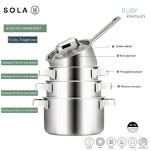Sola Pandesæt Ruby 4-Delt Premium Triply Rustfrit Stål - Kogepande ø 16, 18, 20 cm & Kasserolle ø 16 cm - Induktionsvenlig