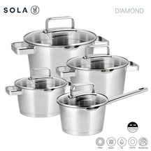 Sola Pannenset Diamond 4-Delig RVS - Downdraft egnet - Kogepande ø 16, 18, 20 cm & Stegepande ø 16 cm - egnet til alle varmekilder