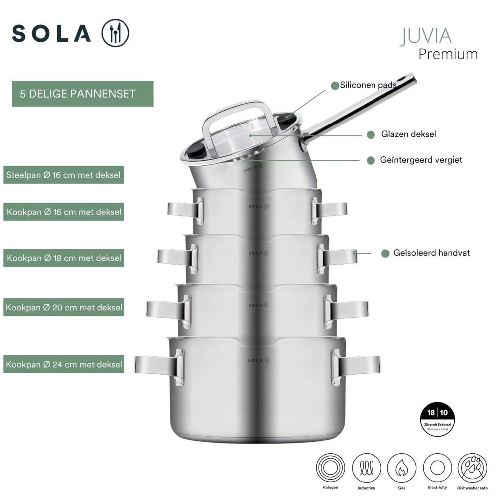 Sola Pannenset Juvia 5-Delig RVS - Downdraft egnet - Kogepande ø 16, 18, 20, 24 cm & Stegepande ø 16 cm - egnet til alle varmekilder