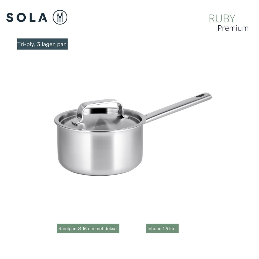 Sola Pandesæt Ruby 4-Delt Premium Triply Rustfrit Stål - Kogepande ø 16, 18, 20 cm & Kasserolle ø 16 cm - Induktionsvenlig