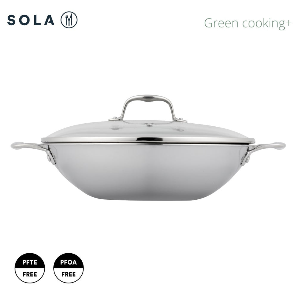 Sola Wokpande med låg Green Cooking Triply RVS ø 32 cm - egnet til alle varmekilder - uden non-stick belægning