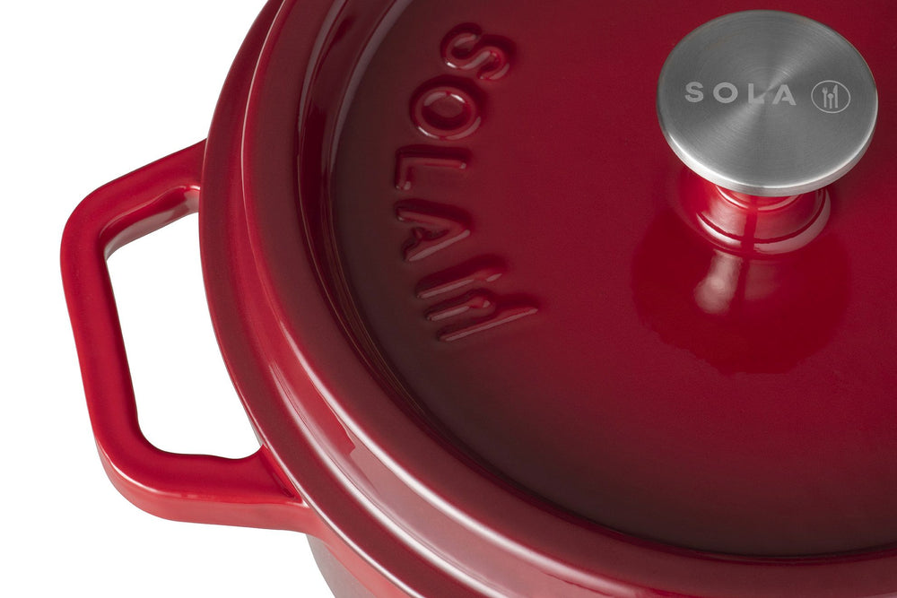 Sola Braadpan med deksel Gietijzer - Rød - ø 24 cm / 3.2 Liter - emaljeret non-stick belægning