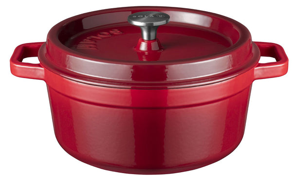 Sola Braadpan med deksel Gietijzer - Rød - ø 28 cm / 5 Liter - emaljeret non-stick belægning