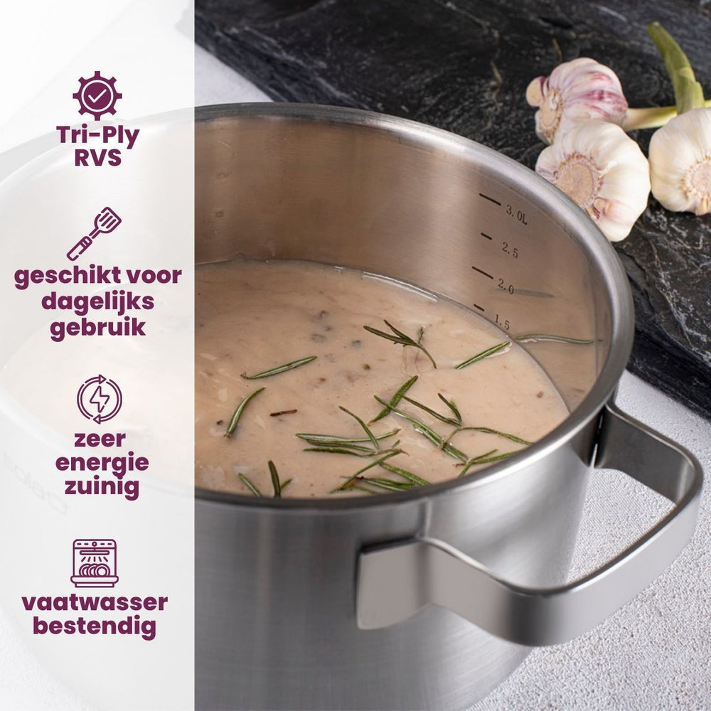 Sola Pannenset Ruby 7-Delig Premium Triply RVS - Kookpan ø 16, 18, 20 en 24 cm en Steelpan ø 16 cm & BEKA Koekenpannen Pro Induc ø 24 & 28 cm