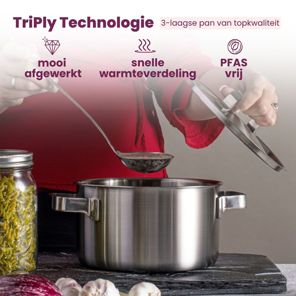 Sola Pannenset Ruby 7-Delig Premium Triply RVS - Kookpan ø 16, 18, 20 en 24 cm en Steelpan ø 16 cm & BEKA Koekenpannen Pro Induc ø 24 & 28 cm