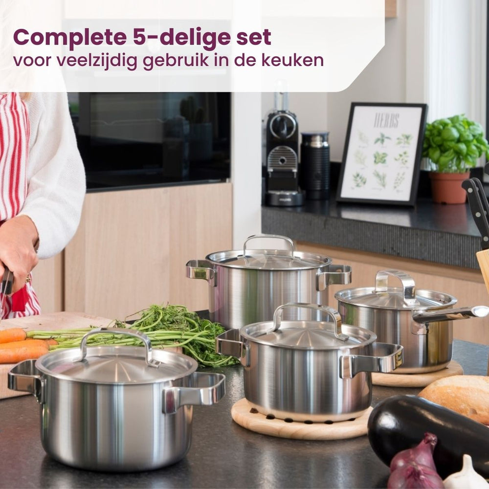 Sola Pannenset Ruby 7-Delig Premium Triply RVS - Kookpan ø 16, 18, 20 en 24 cm en Steelpan ø 16 cm & BEKA Koekenpannen Pro Induc ø 24 & 28 cm