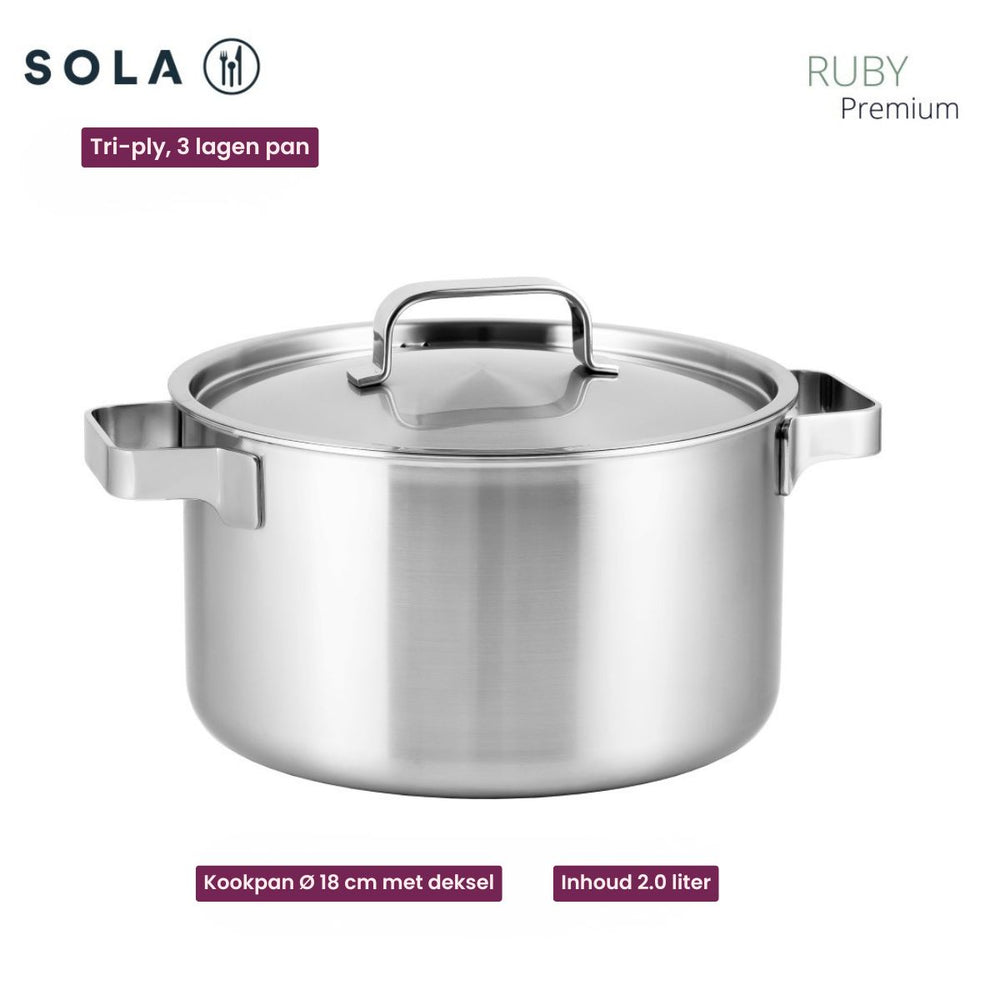 Sola Pannenset Ruby 7-Delig Premium Triply RVS - Kookpan ø 16, 18, 20 en 24 cm en Steelpan ø 16 cm & BEKA Koekenpannen Pro Induc ø 24 & 28 cm