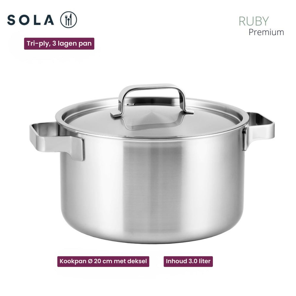 Sola Pannenset Ruby 7-Delig Premium Triply RVS - Kookpan ø 16, 18, 20 en 24 cm en Steelpan ø 16 cm & BEKA Koekenpannen Pro Induc ø 24 & 28 cm