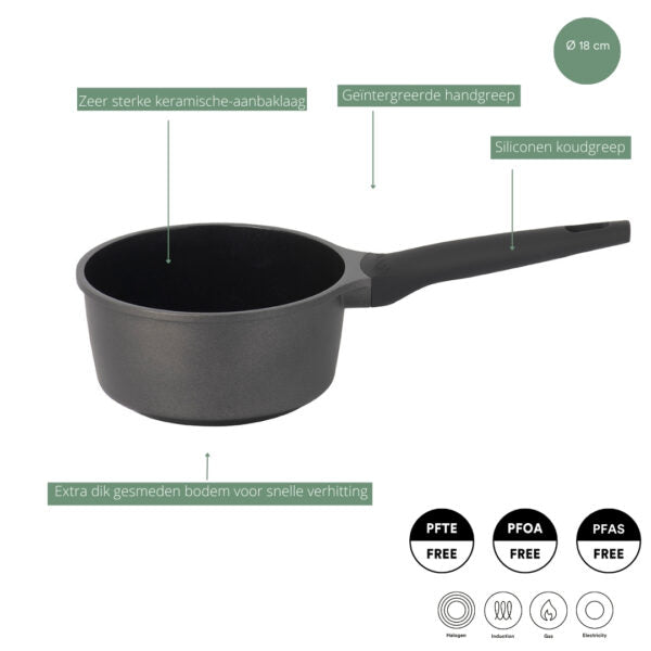 Sola Steelpan med deksel Ceramic Deluxe - Keramisk non-stick belægning - ø 18 cm / 1.5 liter - egnet til alle varmekilder