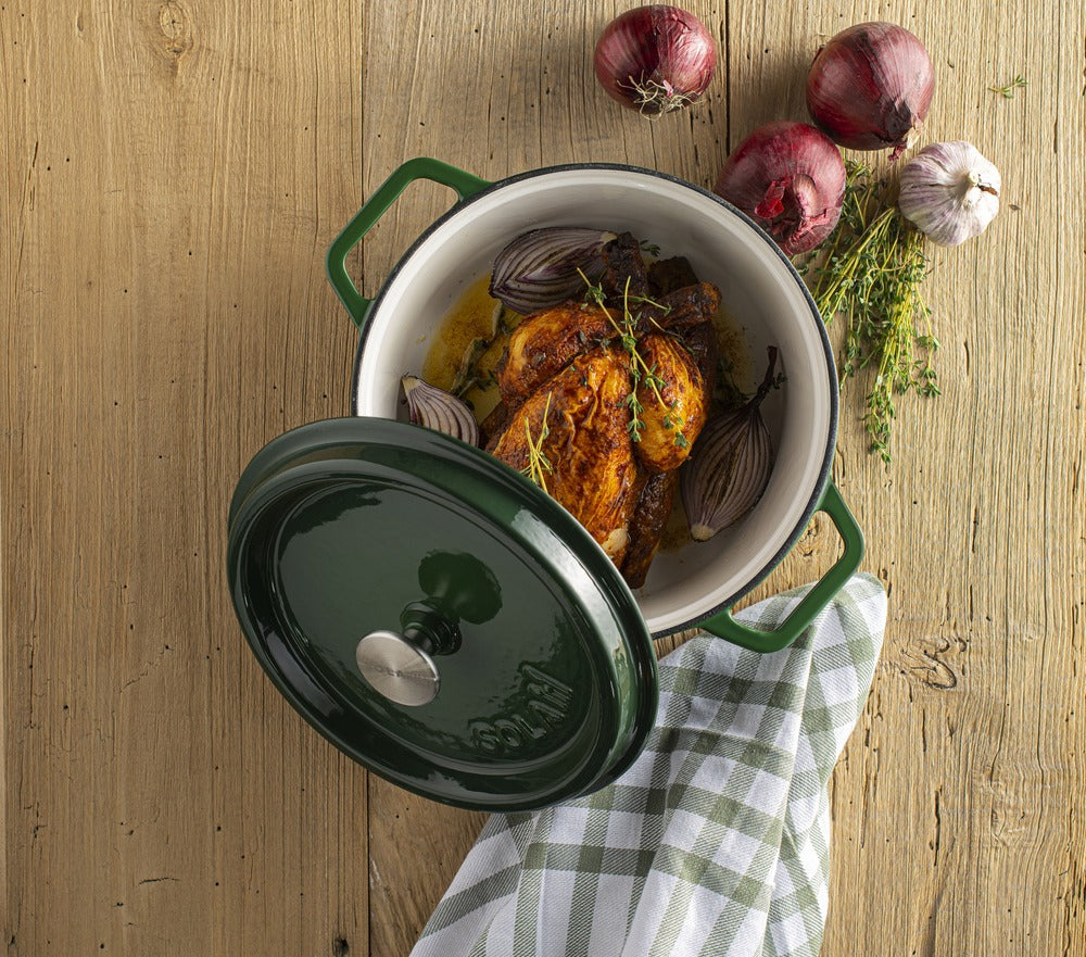 Sola Braadpan med deksel Gietijzer - Grøn - ø 24 cm / 3.2 Liter - emaljeret non-stick belægning