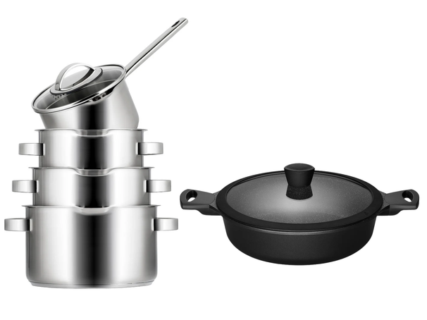 Sola Pannenset Pearl 5-Delig RVS - Downdraft egnet & Sola Hapjespan Fair ø 28 cm - egnet til alle varmekilder