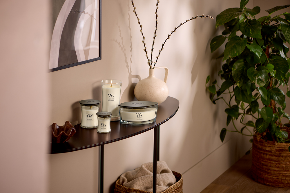 WoodWick Duftlys Large Vanilla & Sea Salt - 18 cm / ø 10 cm - Duftlys i Glas - Trævæge