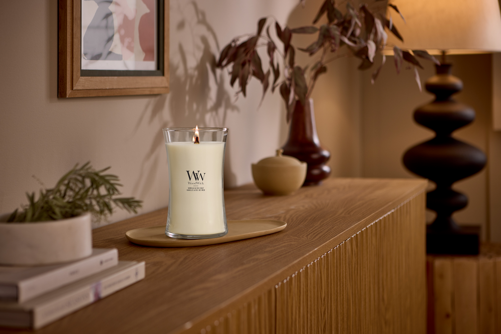 WoodWick Duftlys Large Vanilla & Sea Salt - 18 cm / ø 10 cm - Duftlys i Glas - Trævæge
