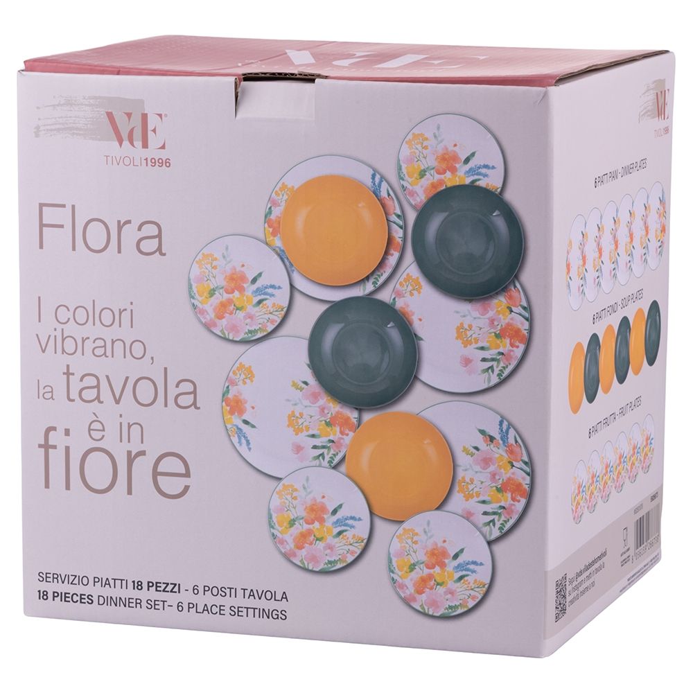 Villa d'Este Home Serviesset Flora Porselein 18-delig / 6 personer - 6 middagstallerkener, 6 morgenmadstallerkener og 6 dybe tallerkener