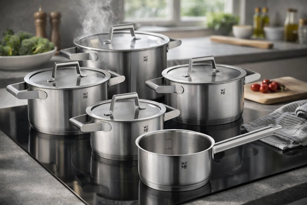 WMF Pannenset Comfort Line 5-Delig Inkluderet GRATIS Cookinglife Kogegrej sæt - Kogepande ø 16, 20, 20 og 24 cm samt Stegepande ø 16 cm