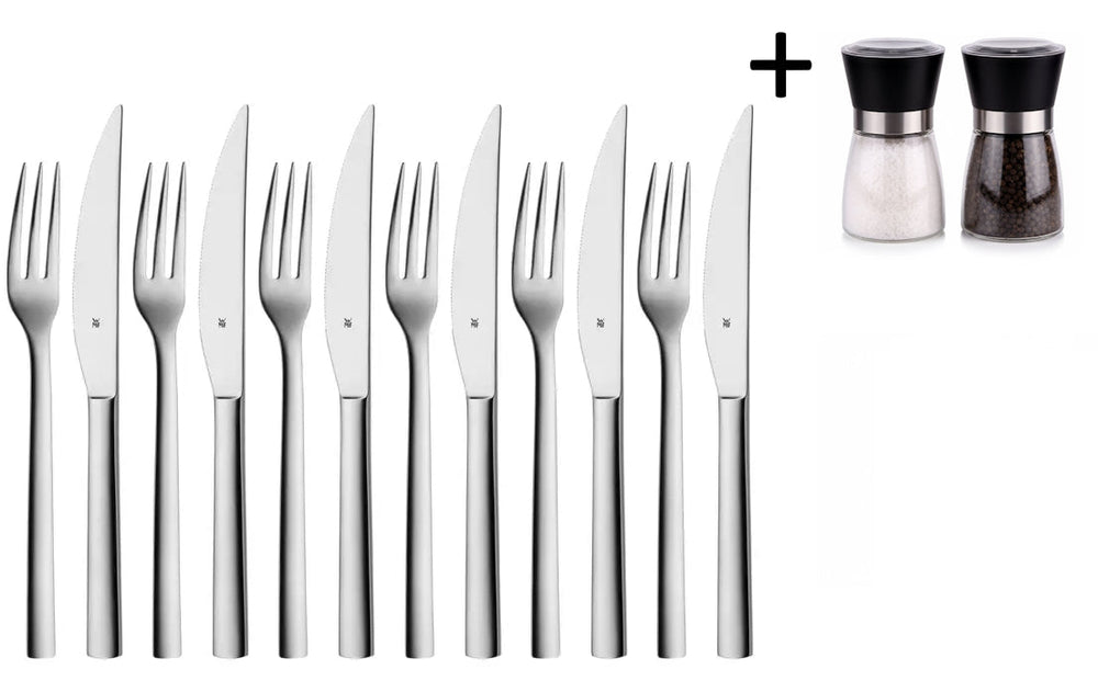 WMF Steakbestik Nuova 12-delt - Inkluderer GRATIS Cookinglife Peber- og Saltkværnssæt