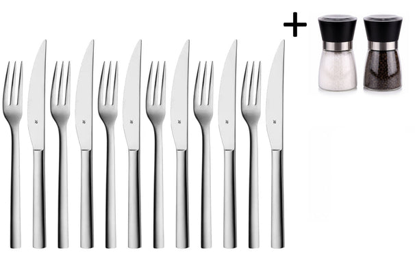 WMF Steakbestik Nuova 12-delt - Inkluderer GRATIS Cookinglife Peber- og Saltkværnssæt