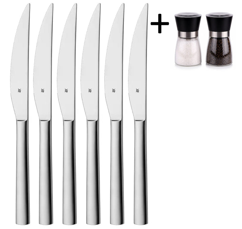 WMF Steakmessen Nuova - 6 styk - Inkluderer GRATIS Cookinglife Peber- og Saltkværnssæt